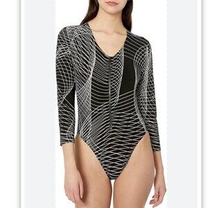 Norma Kamali Electric Circus Geometric Front Zip Rash Guard One-Piece Suimsuit L
